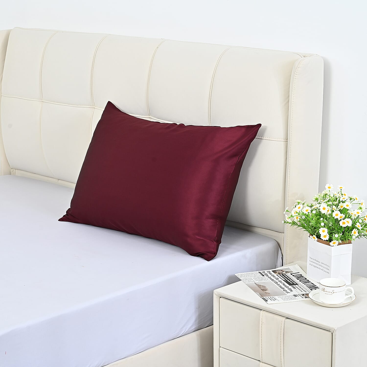 LA Marey Signature Mulberry Silk Patterned Pillow Case and Cover (Size 50x1 cm) - Burgundy