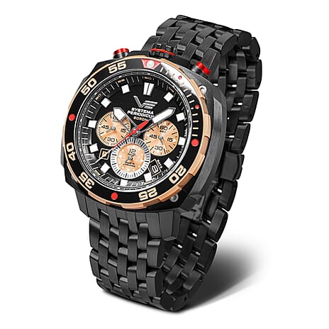 Vostok Europe Systema Periodicum Boron TMI VK67 Mecha-Quartz Watch with a Black Dial and a Black Stainless Steel Strap in a 46mm Black Stainless Steel Case with 20 ATM VK67-650E721-B