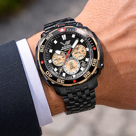 Vostok Europe Systema Periodicum Boron TMI VK67 Mecha-Quartz Watch with a Black Dial and a Black Stainless Steel Strap in a 46mm Black Stainless Steel Case with 20 ATM VK67-650E721-B