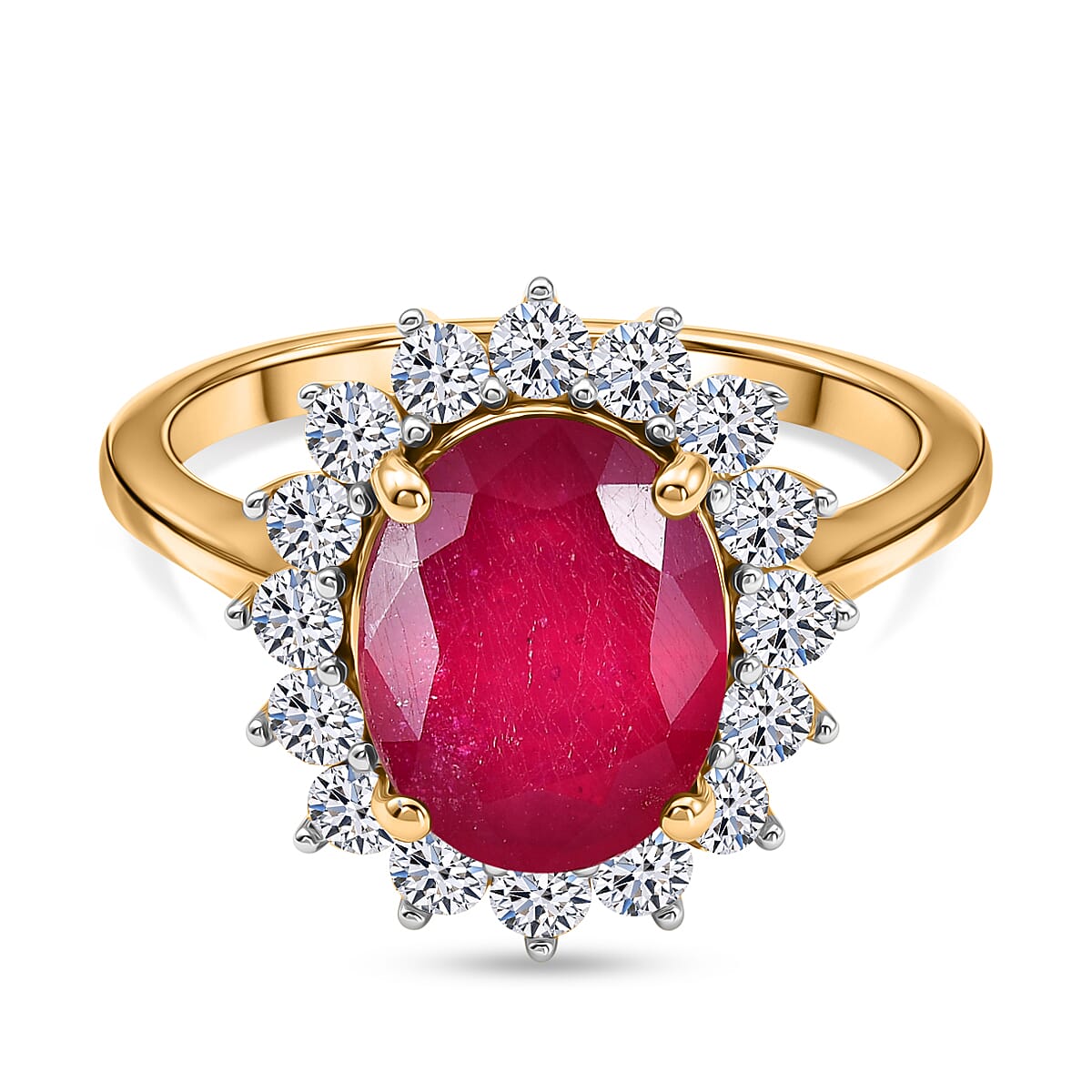 Luxuriant - African Ruby & Lab Grown Diamond (SI-G-H) Halo Ring in 18K Vermeil Yellow Gold Plated Sterling Silver 4.30 Ct.