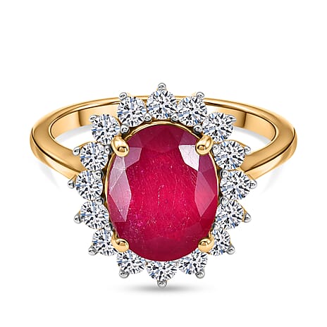 Luxuriant - African Ruby & Lab Grown Diamond (SI-G-H) Halo Ring in 18K Vermeil Yellow Gold Plated Sterling Silver 4.30 Ct.