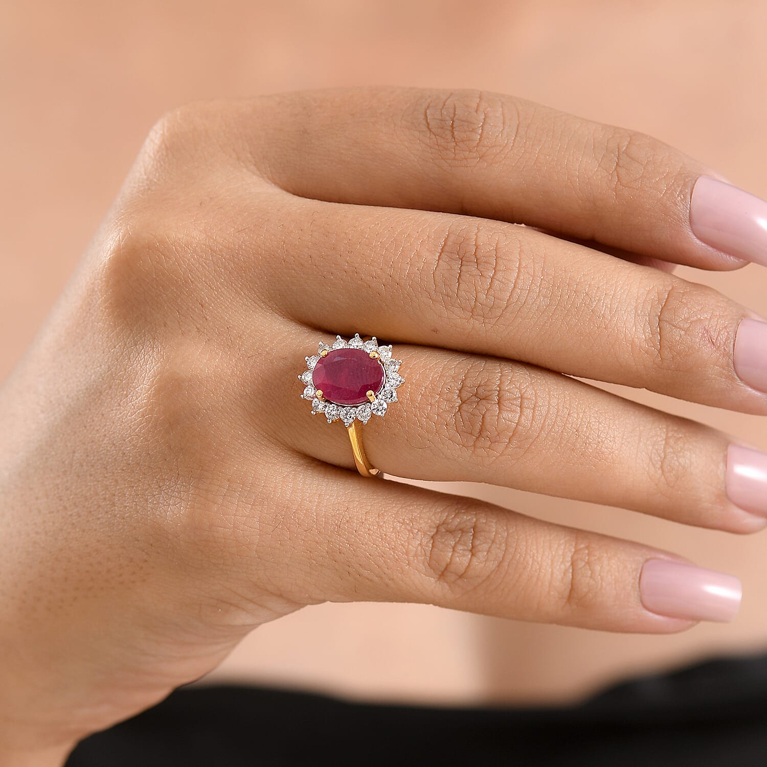 Luxuriant - African Ruby & Lab Grown Diamond (SI-G-H) Halo Ring in 18K Vermeil Yellow Gold Plated Sterling Silver 4.30 Ct.