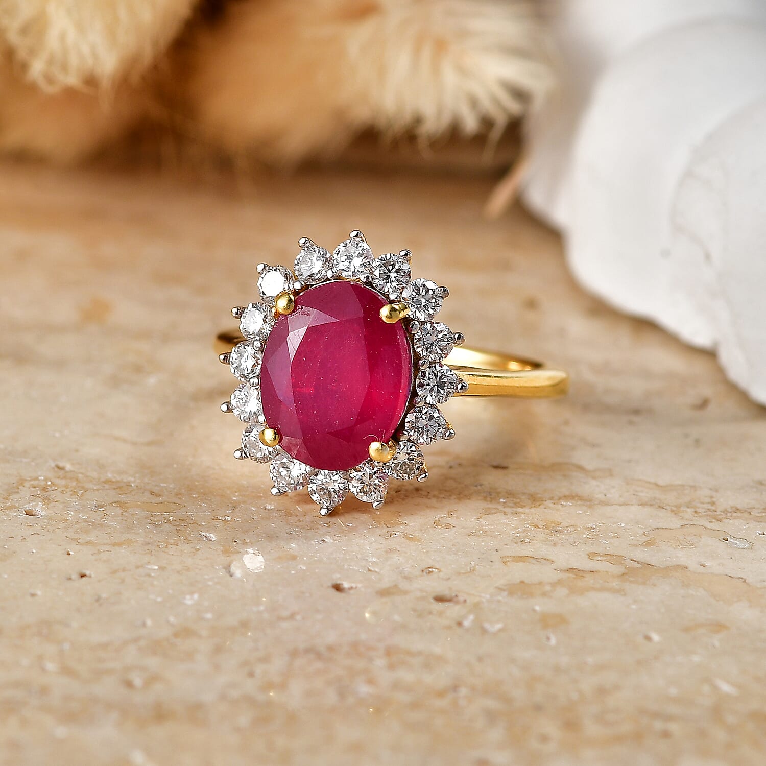 Luxuriant - African Ruby & Lab Grown Diamond (SI-G-H) Halo Ring in 18K Vermeil Yellow Gold Plated Sterling Silver 4.30 Ct.
