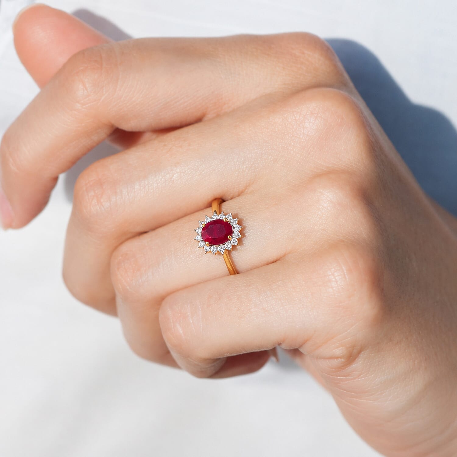 Luxuriant - African Ruby & Lab Grown Diamond (SI-G-H) Halo Ring in 18K Vermeil Yellow Gold Plated Sterling Silver 4.30 Ct.