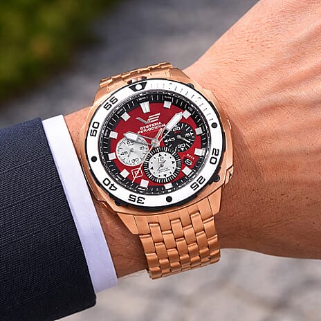 Vostok Europe Systema Periodicum Phosphorus TMI VK67 Mecha-Quartz Watch with a Red Dial and a Rose Stainless Steel Strap in a 46mm Rose Stainless Steel Case with 20 ATM VK67-650E724-B