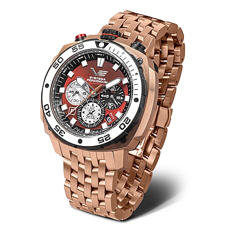 Vostok Europe Systema Periodicum Phosphorus TMI VK67 Mecha-Quartz Watch with a Red Dial and a Rose Stainless Steel Strap in a 46mm Rose Stainless Steel Case with 20 ATM VK67-650E724-B