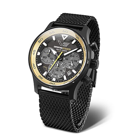 Vostok Europe Expedition South Pole Seiko Epson VR42 Solar Powered Quartz Watch with a Black Dial and a Black Stainless Steel Strap in a 43mm with 20 ATM VR42-592C763-M