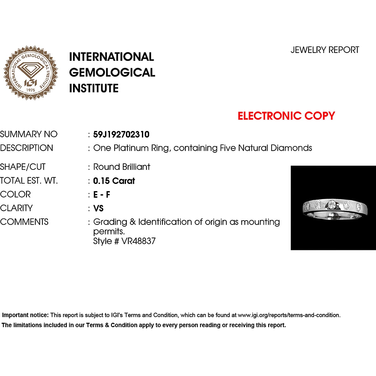 950 Platinum SI1 White Diamond SI1 Ring, Platinum Wt.4.8 Gms  0.150  Ct.