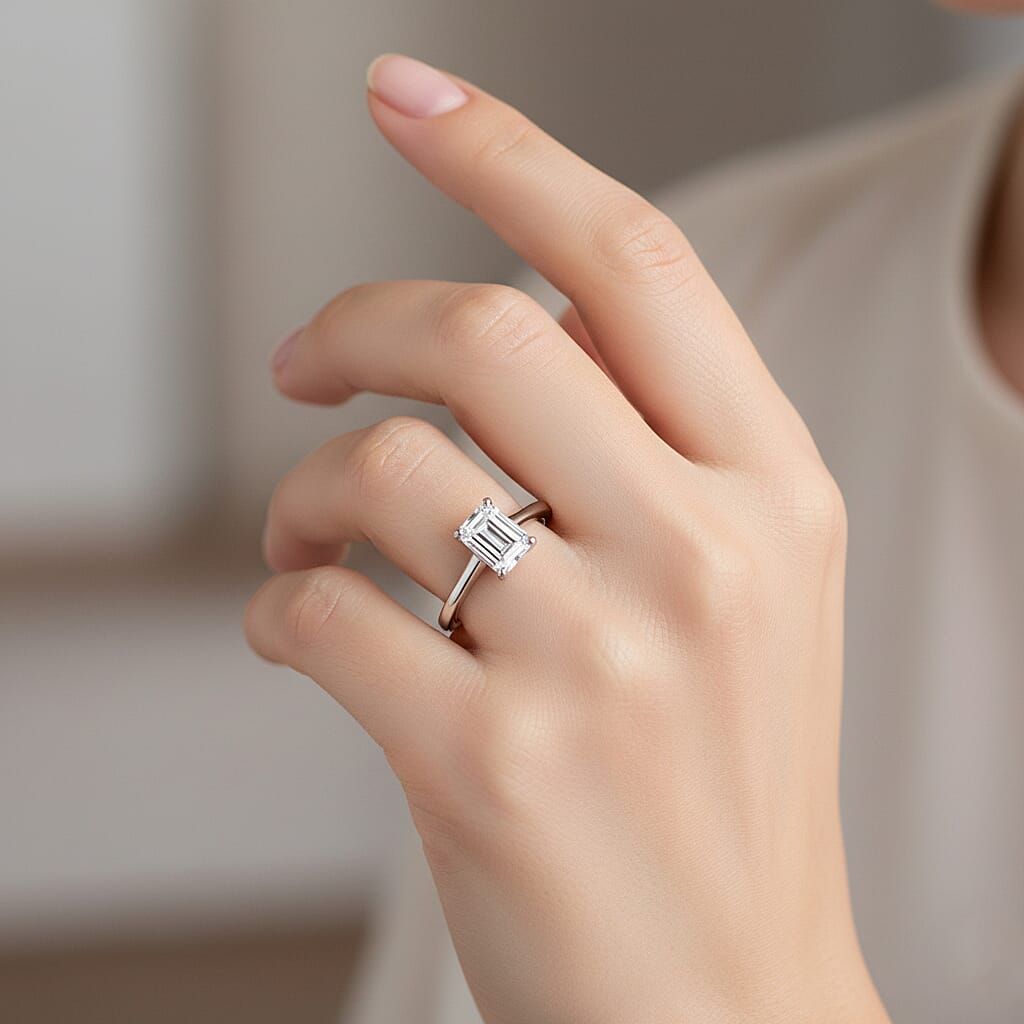 Luxuriant - Emerald Cut Lab Grown Diamond (SI) Solitaire Ring in Rhodium Overlay Sterling Silver 1.00 Ct.