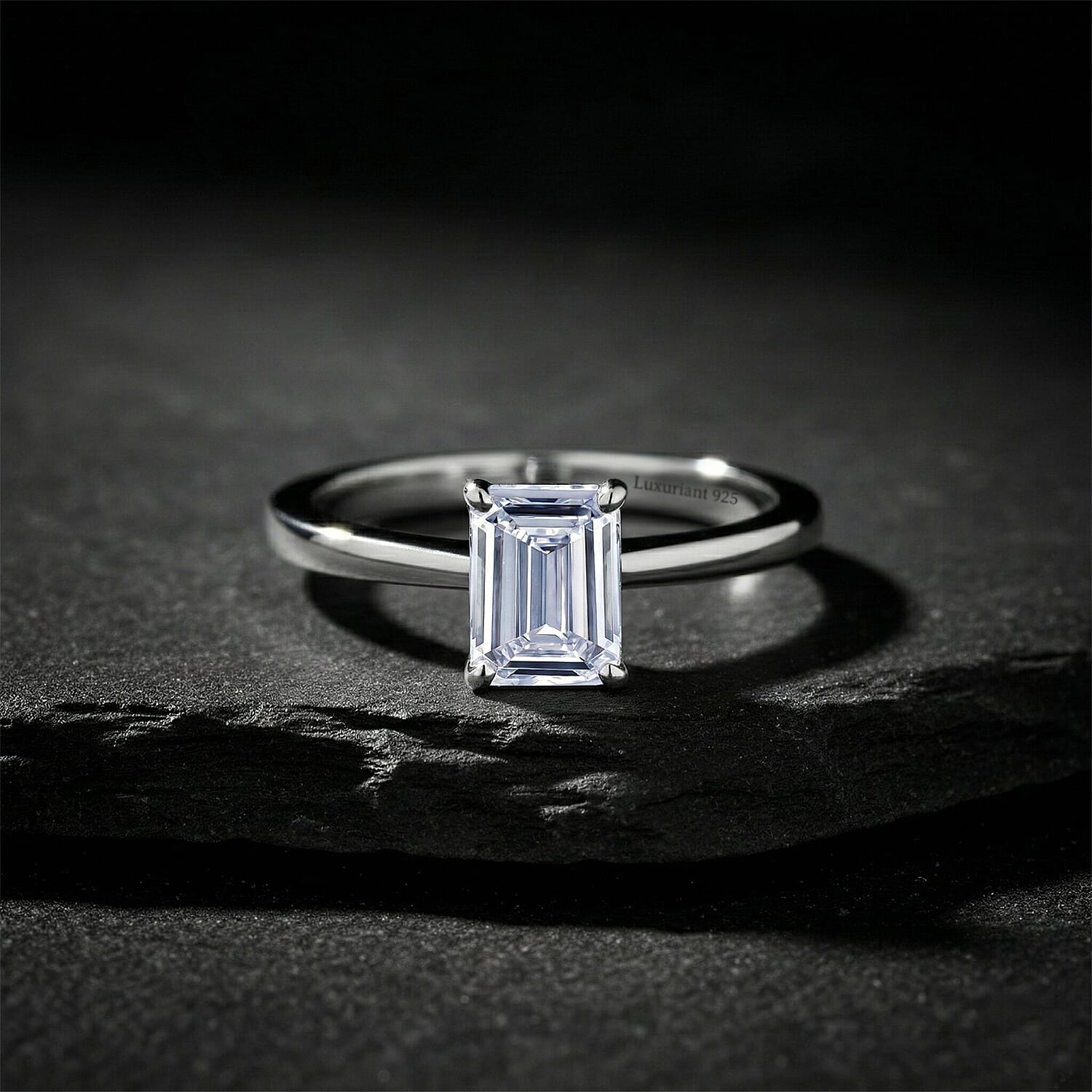 Luxuriant - Emerald Cut Lab Grown Diamond (SI) Solitaire Ring in Rhodium Overlay Sterling Silver 1.00 Ct.
