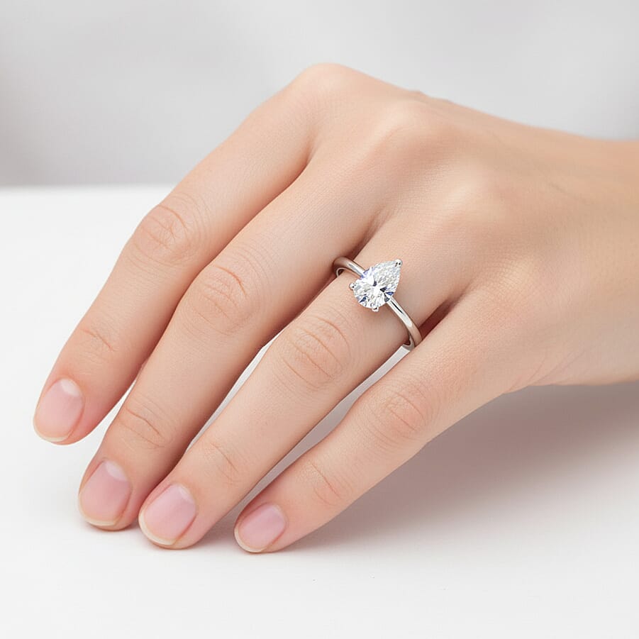 Luxuriant - Pear Cut Lab Grown Diamond (SI) Solitaire Ring in Rhodium Overlay Sterling Silver 1.00 Ct.