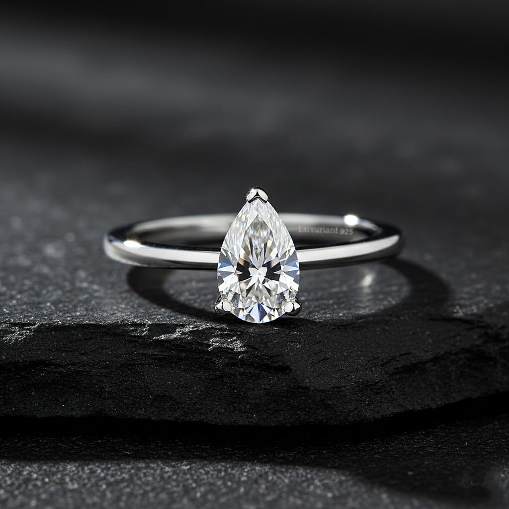 Luxuriant - Pear Cut Lab Grown Diamond (SI) Solitaire Ring in Rhodium Overlay Sterling Silver 1.00 Ct.