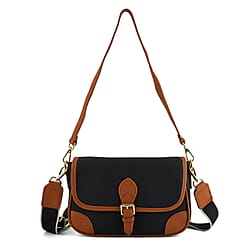 Genuine Leather Structured Sling Bag with Buckle Closure - Black