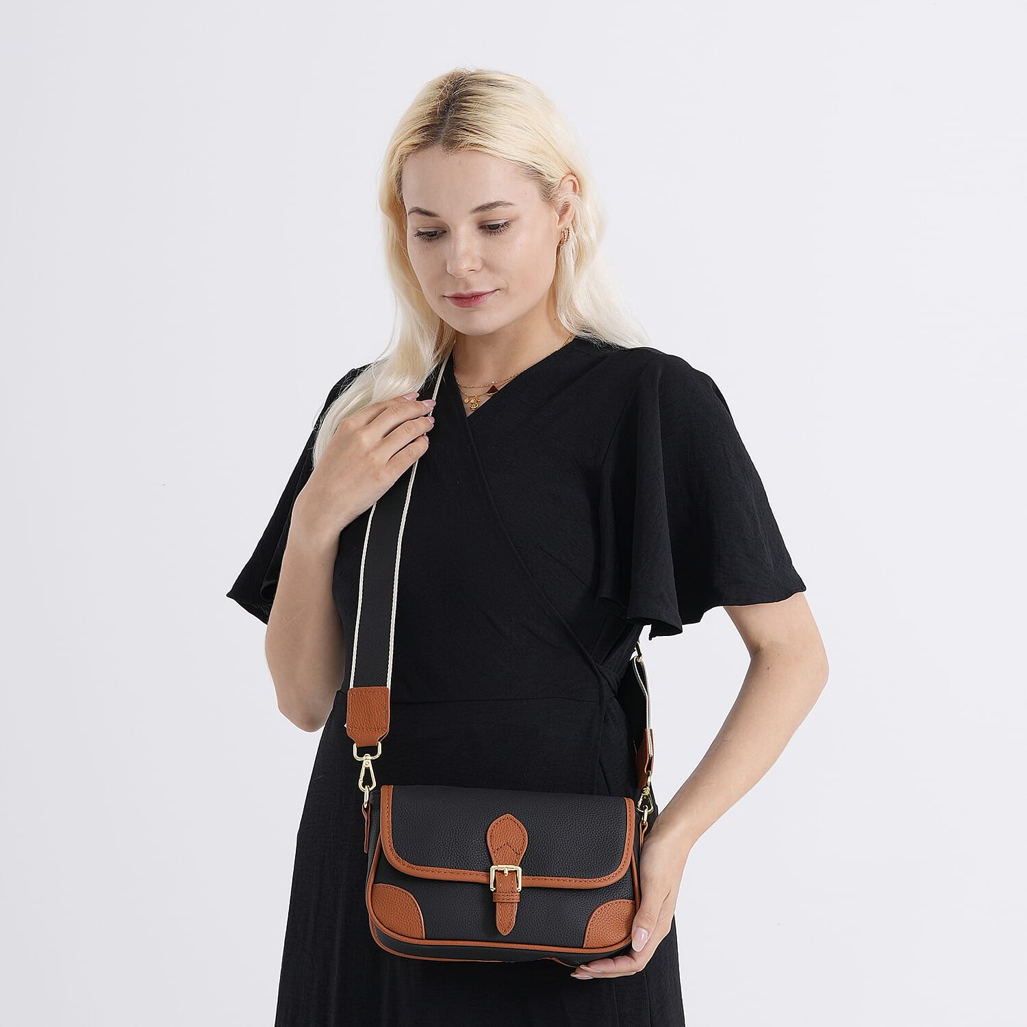 Genuine Leather Structured Sling Bag with Buckle Closure - Black