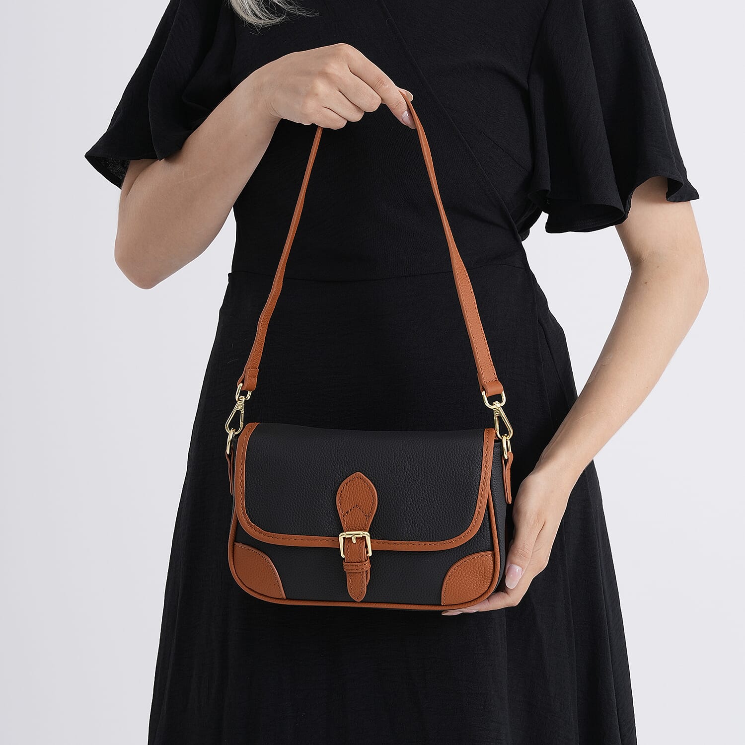 Genuine Leather Structured Sling Bag with Buckle Closure - Black