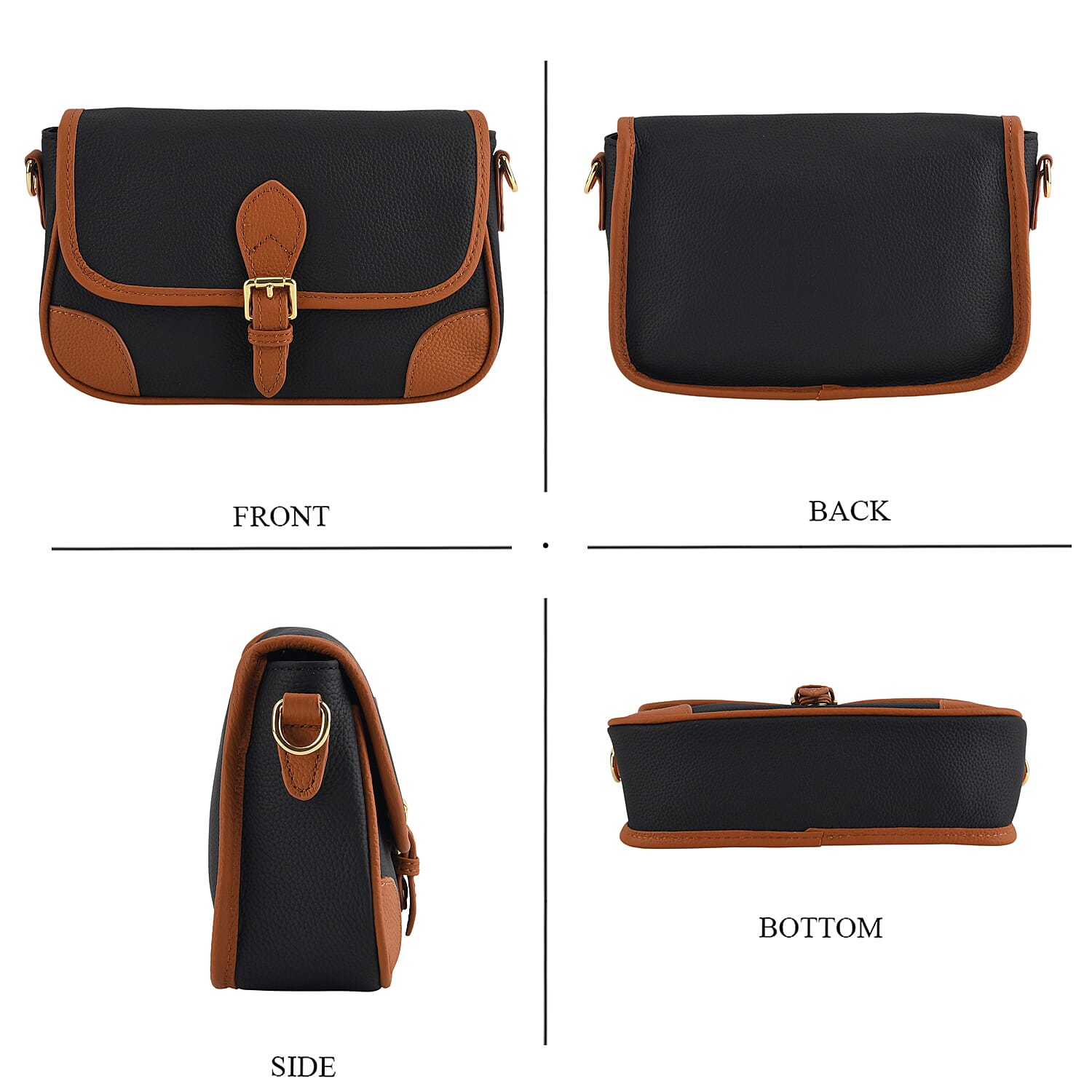 Genuine Leather Structured Sling Bag with Buckle Closure - Black