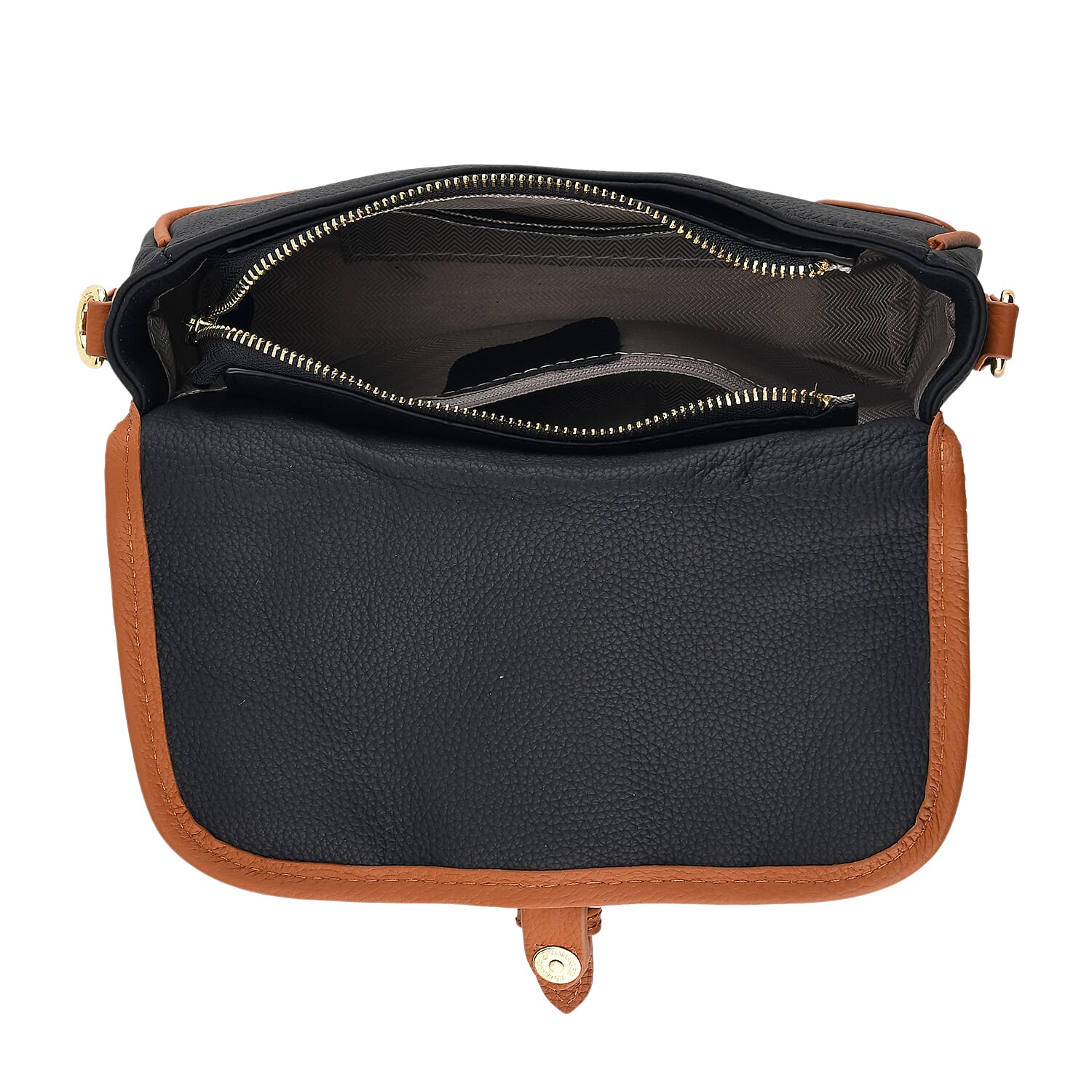 Genuine Leather Structured Sling Bag with Buckle Closure - Black