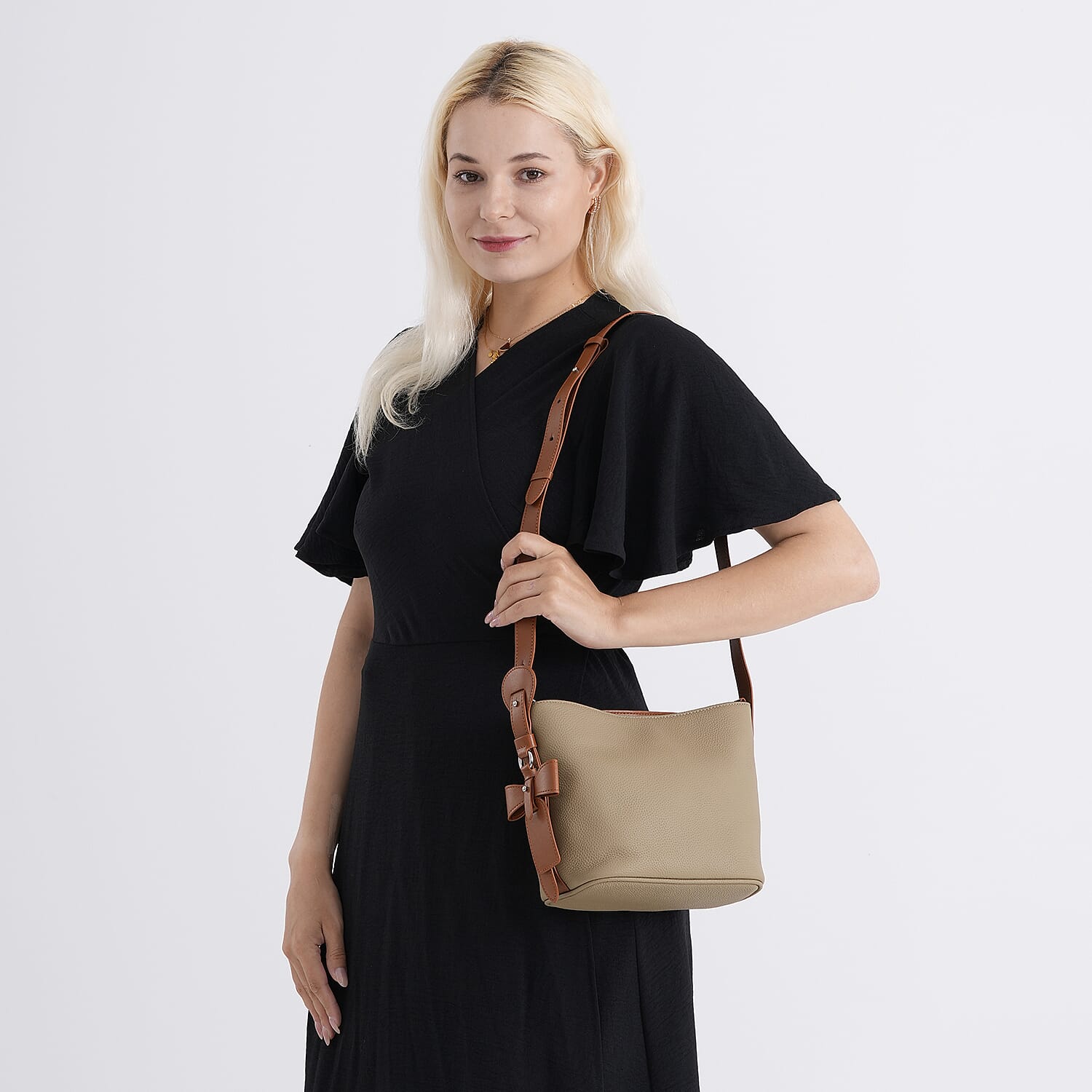 Genuine Leather-Textured Bucket Bag With Detachable Sling Strap - Khaki