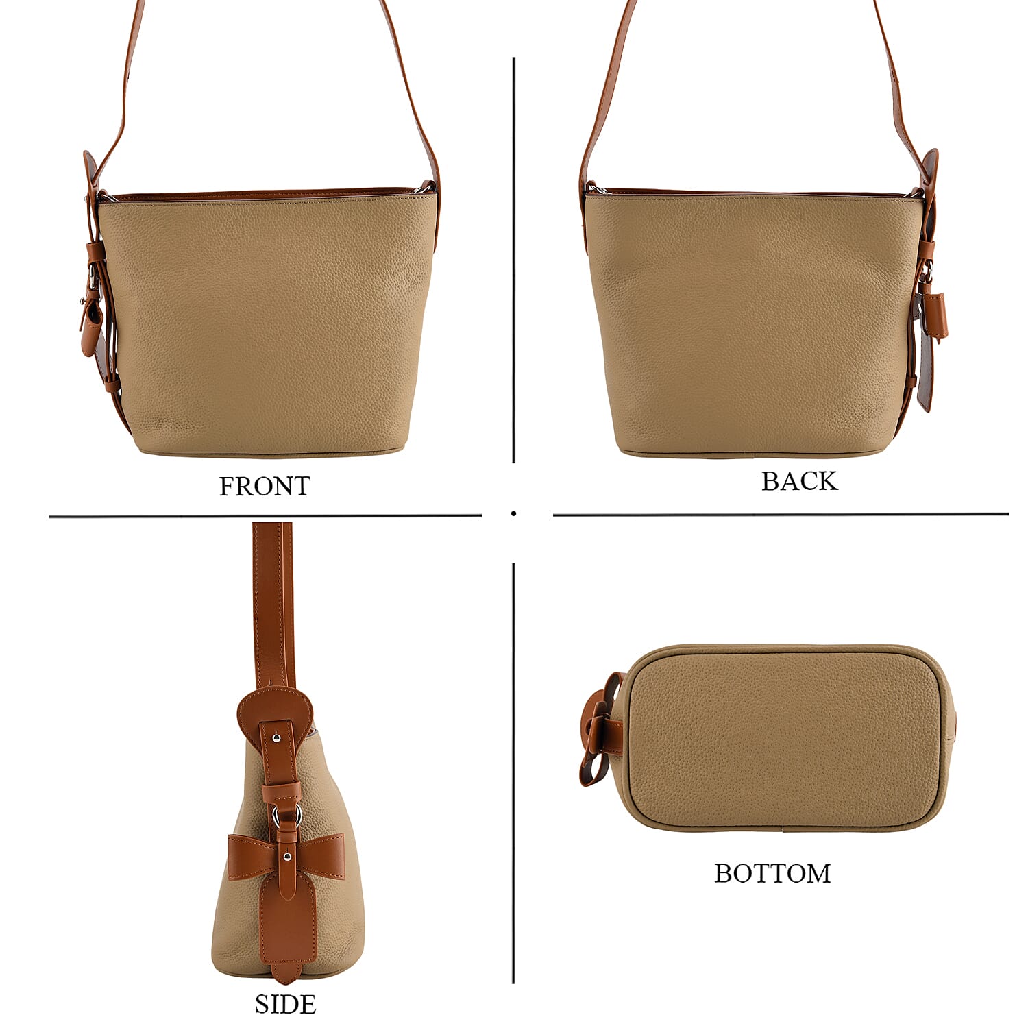 Genuine Leather-Textured Bucket Bag With Detachable Sling Strap - Khaki