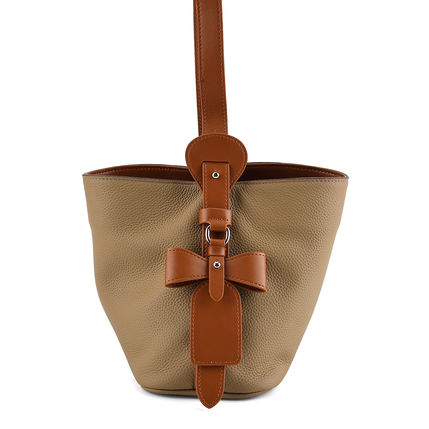 Genuine Leather-Textured Bucket Bag With Detachable Sling Strap - Khaki