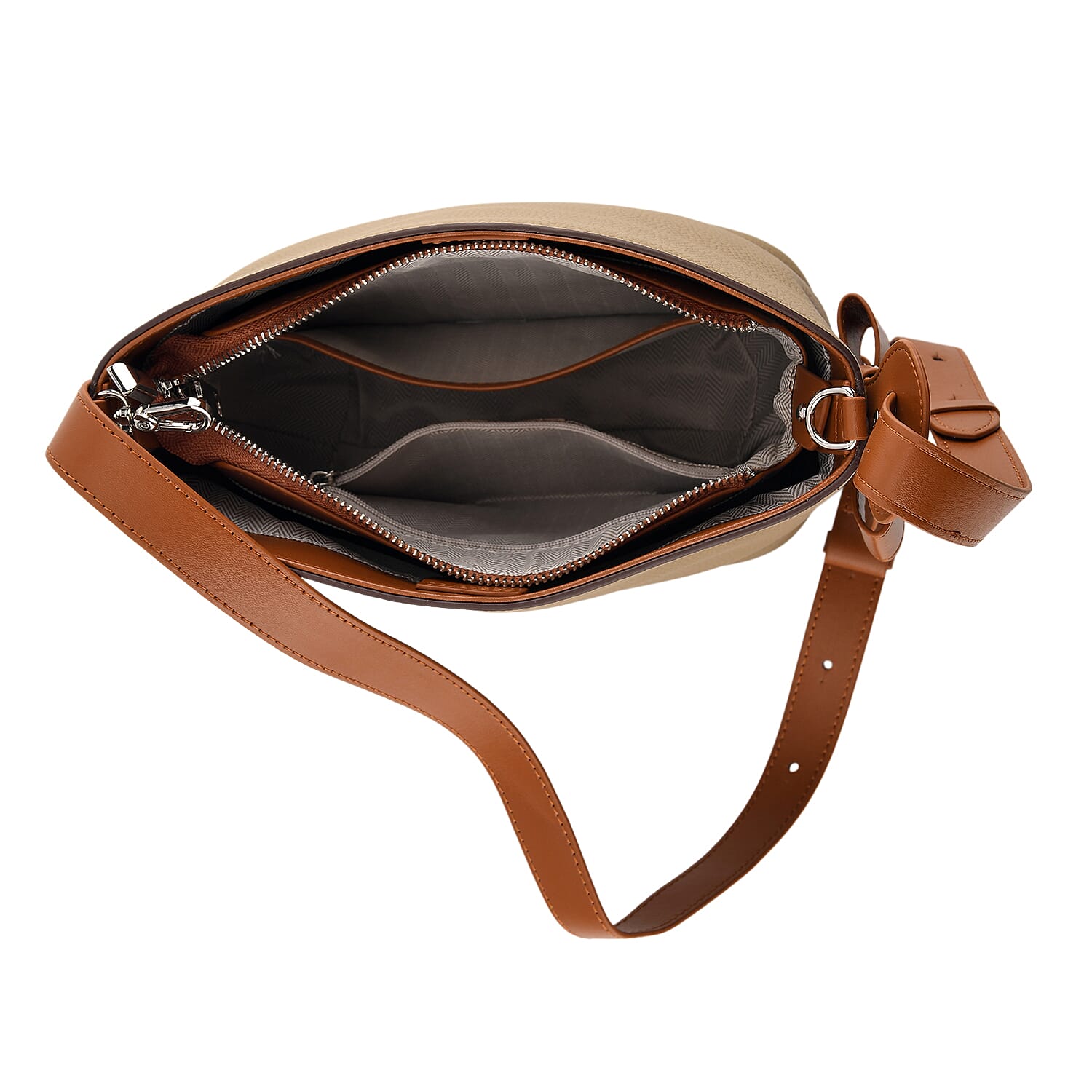 Genuine Leather-Textured Bucket Bag With Detachable Sling Strap - Khaki
