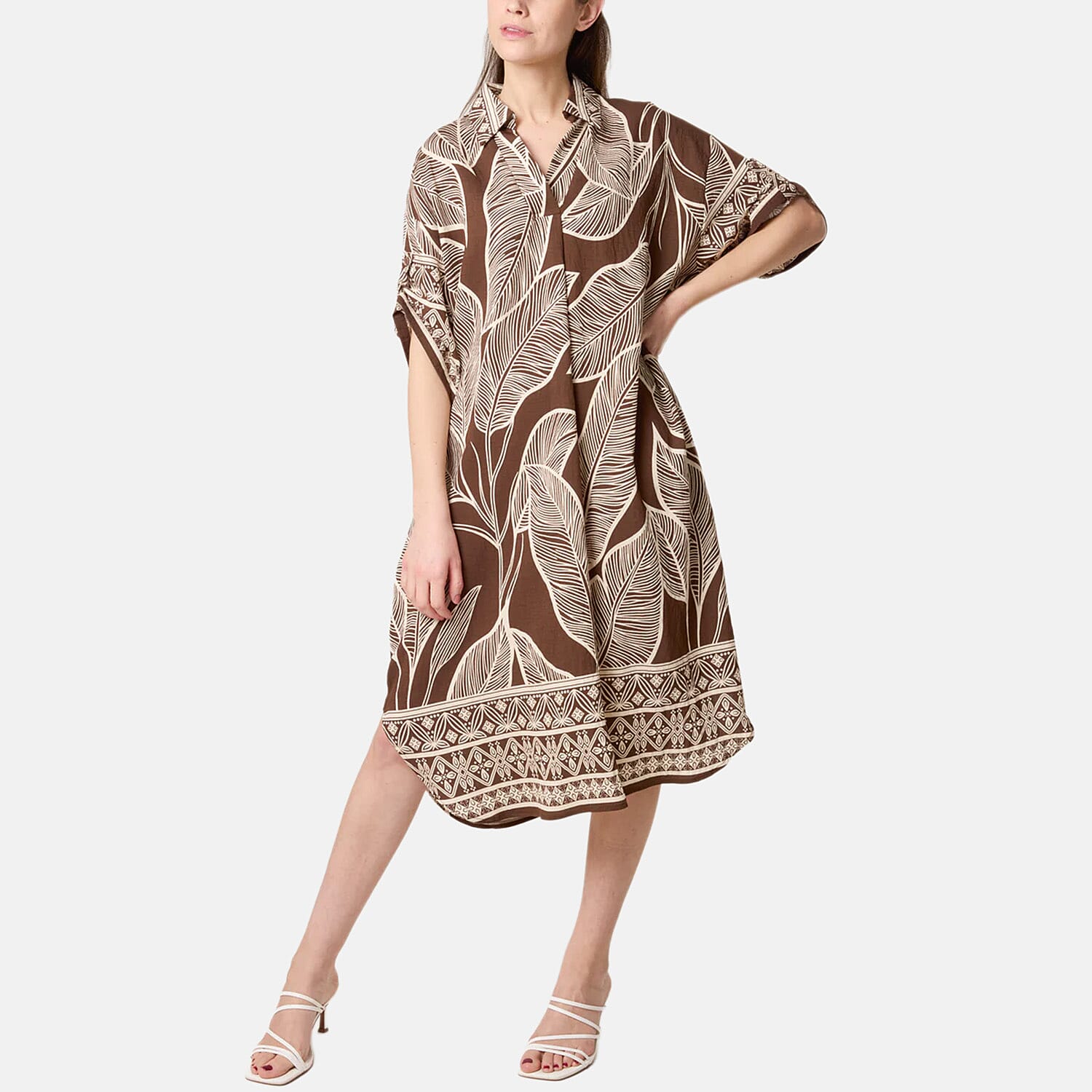 Chilli Charm Leaf Print Short Sleeve Shirt Dress (One Size) - Brown