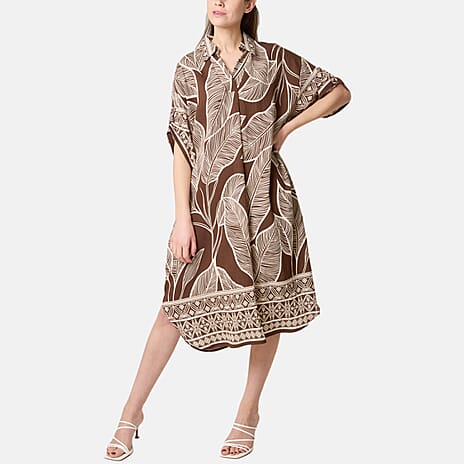 Chilli Charm Leaf Print Short Sleeve Shirt Dress (One Size) - Brown