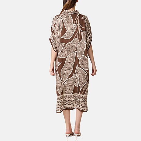 Chilli Charm Leaf Print Short Sleeve Shirt Dress (One Size) - Brown