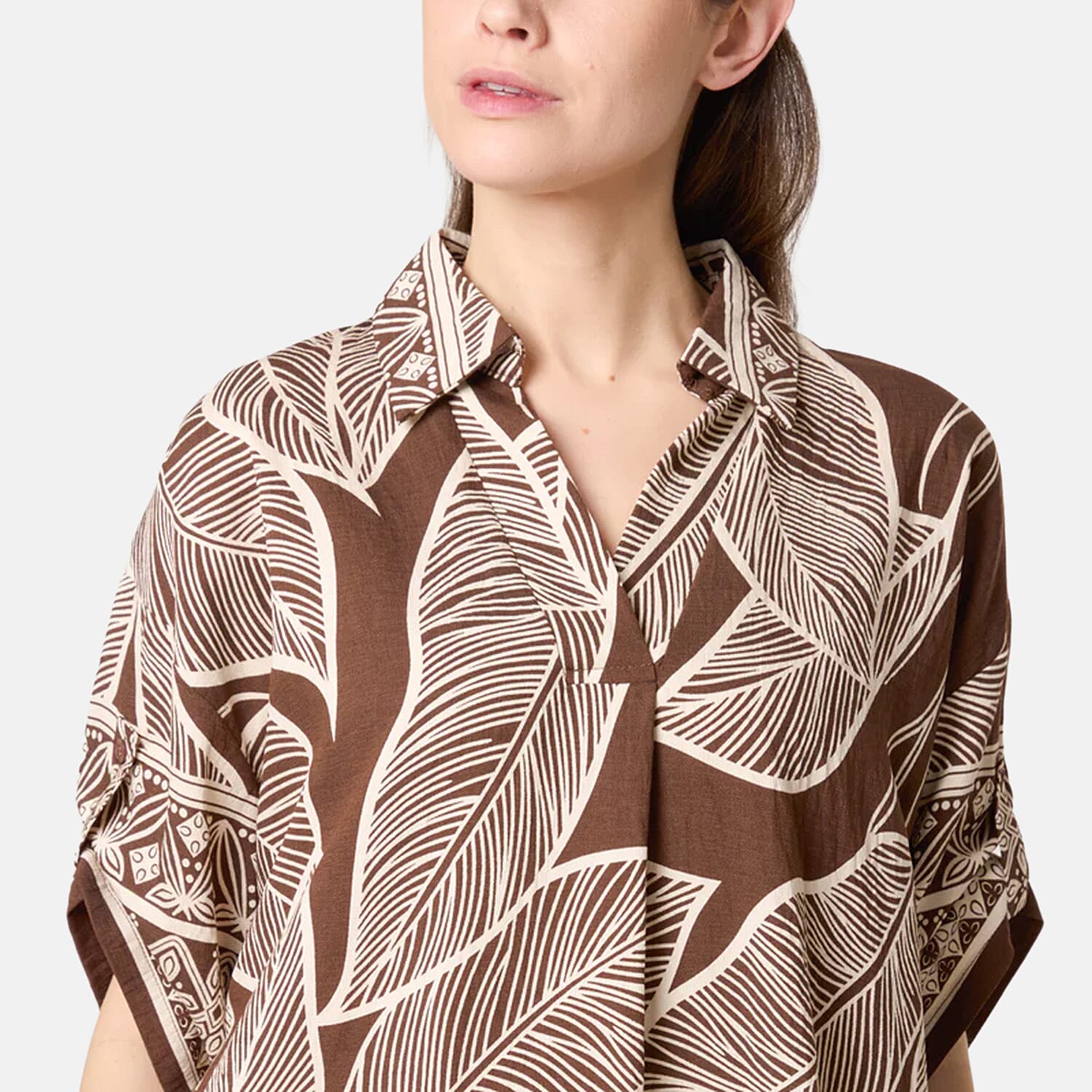 Chilli Charm Leaf Print Short Sleeve Shirt Dress (One Size) - Brown