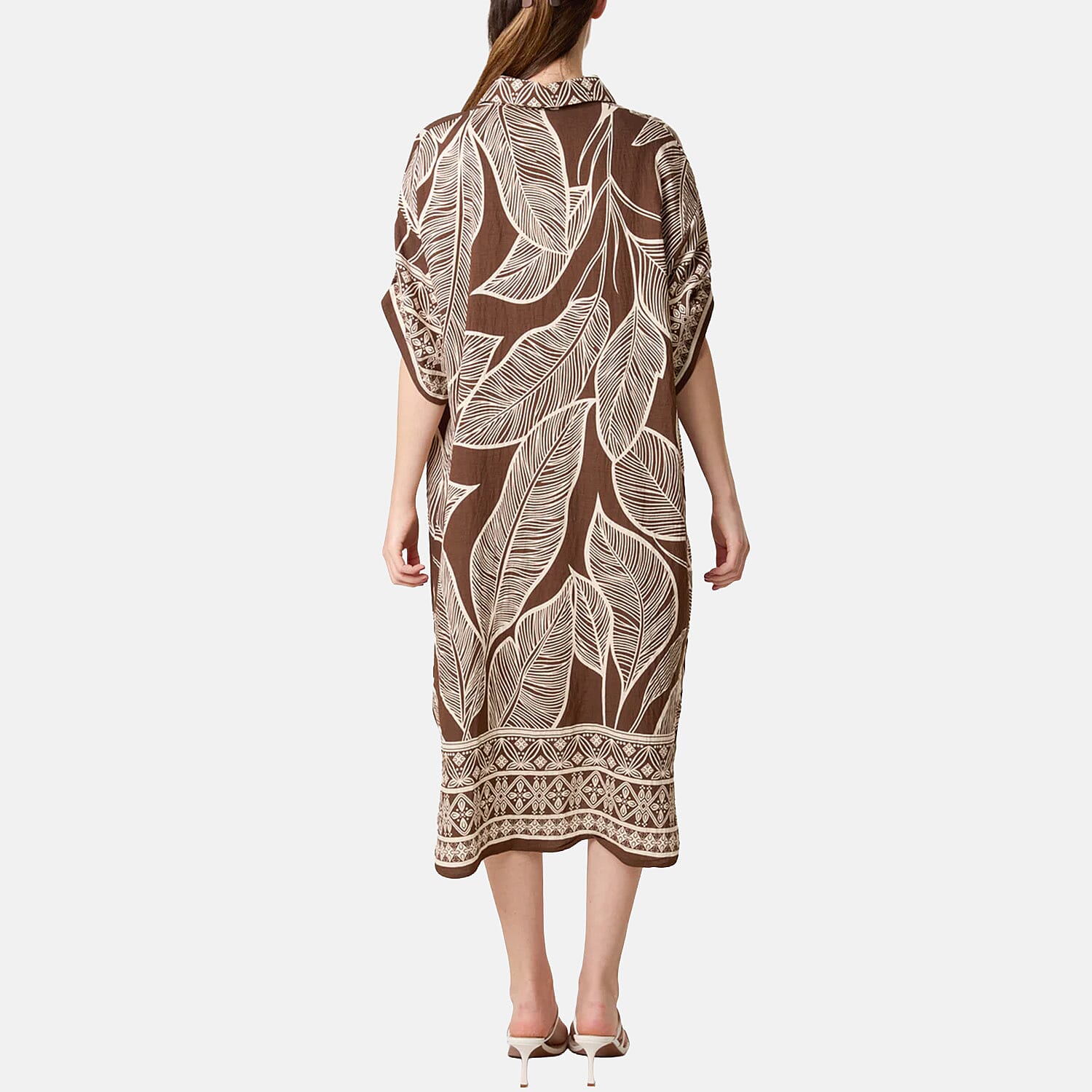 Chilli Charm Leaf Print Short Sleeve Shirt Dress (One Size) - Brown