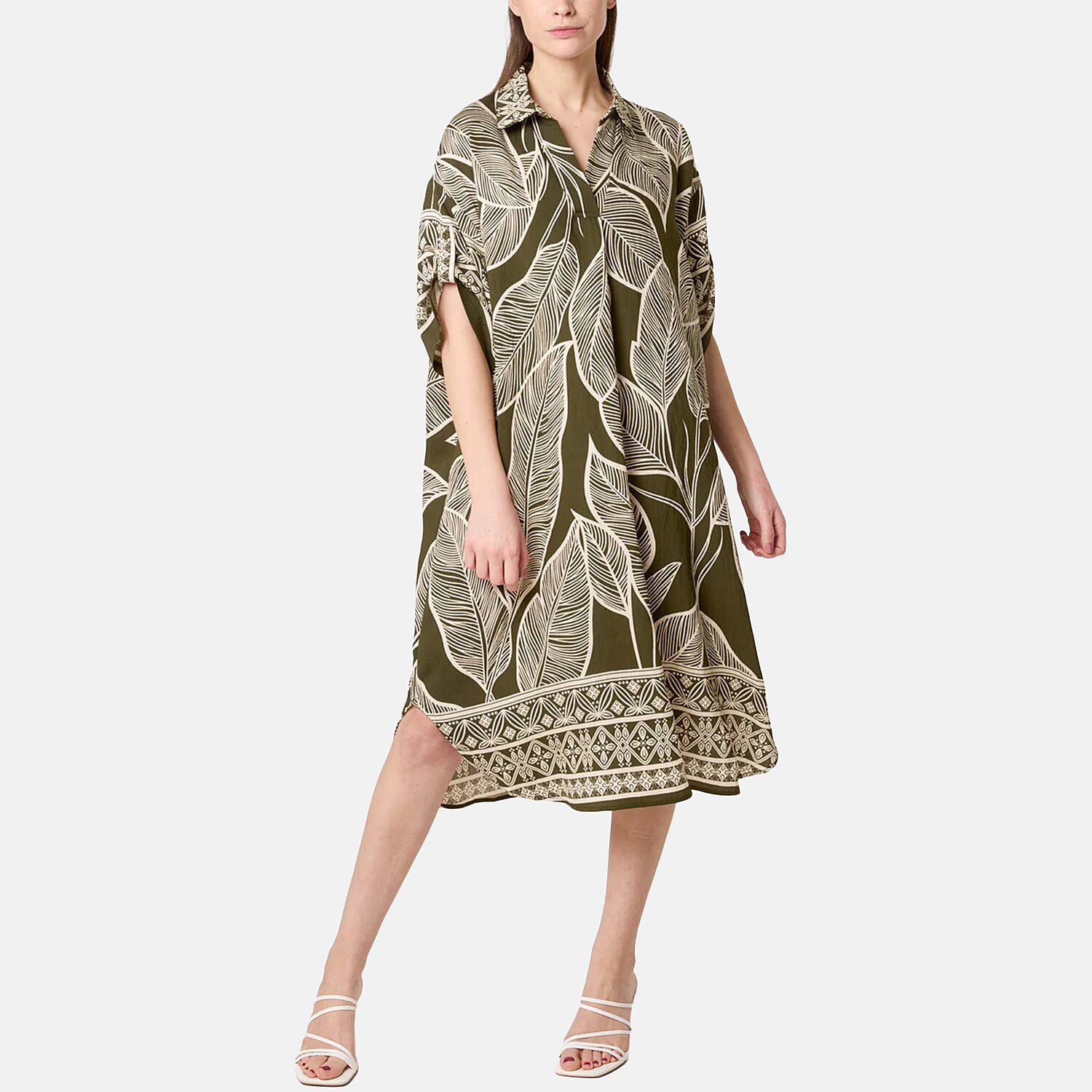 Chilli Charm Leaf Print Short Sleeve Shirt Dress (One Size) - Green