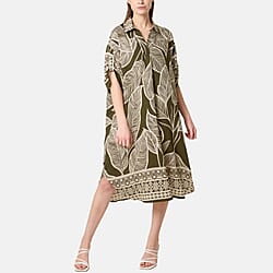 Chilli Charm Leaf Print Short Sleeve Shirt Dress (One Size) - Brown