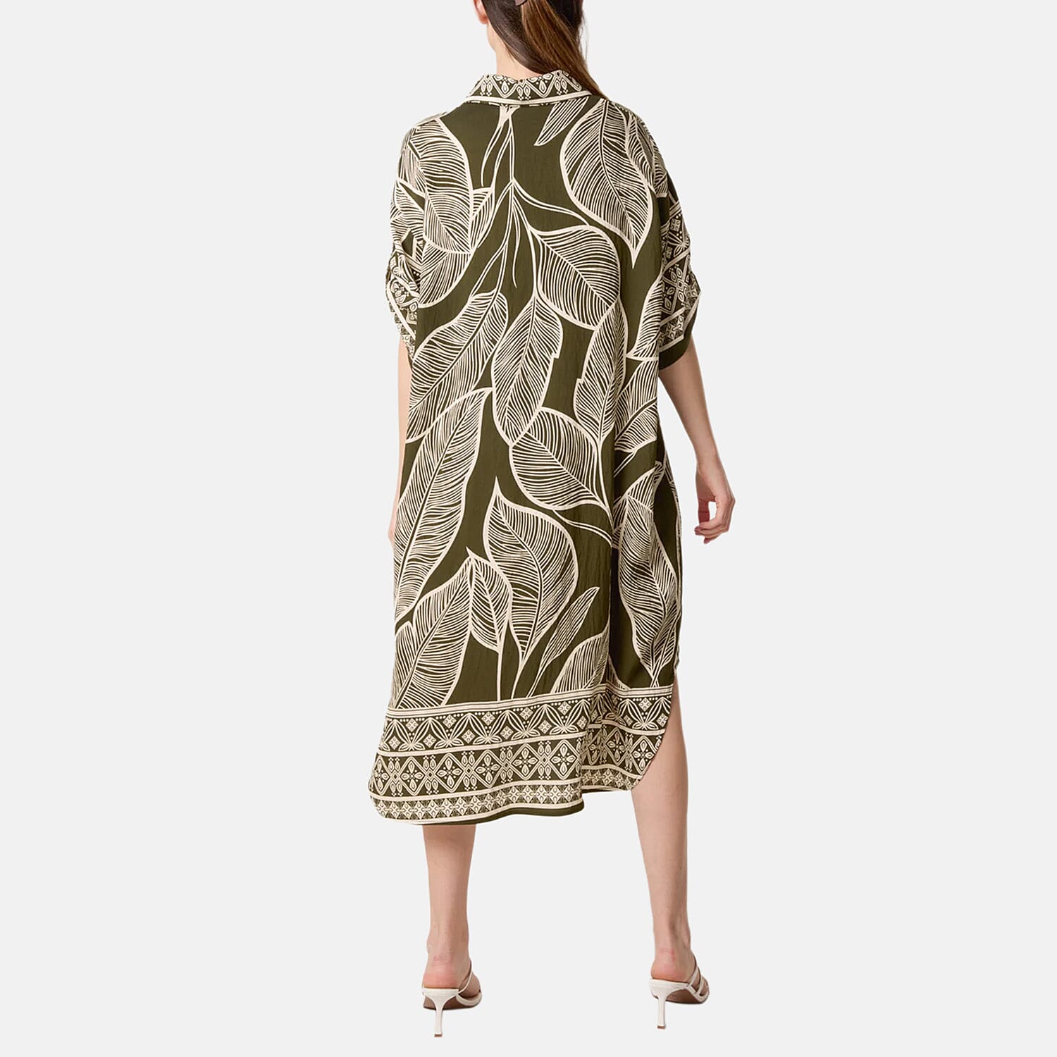 Chilli Charm Leaf Print Short Sleeve Shirt Dress (One Size) - Green