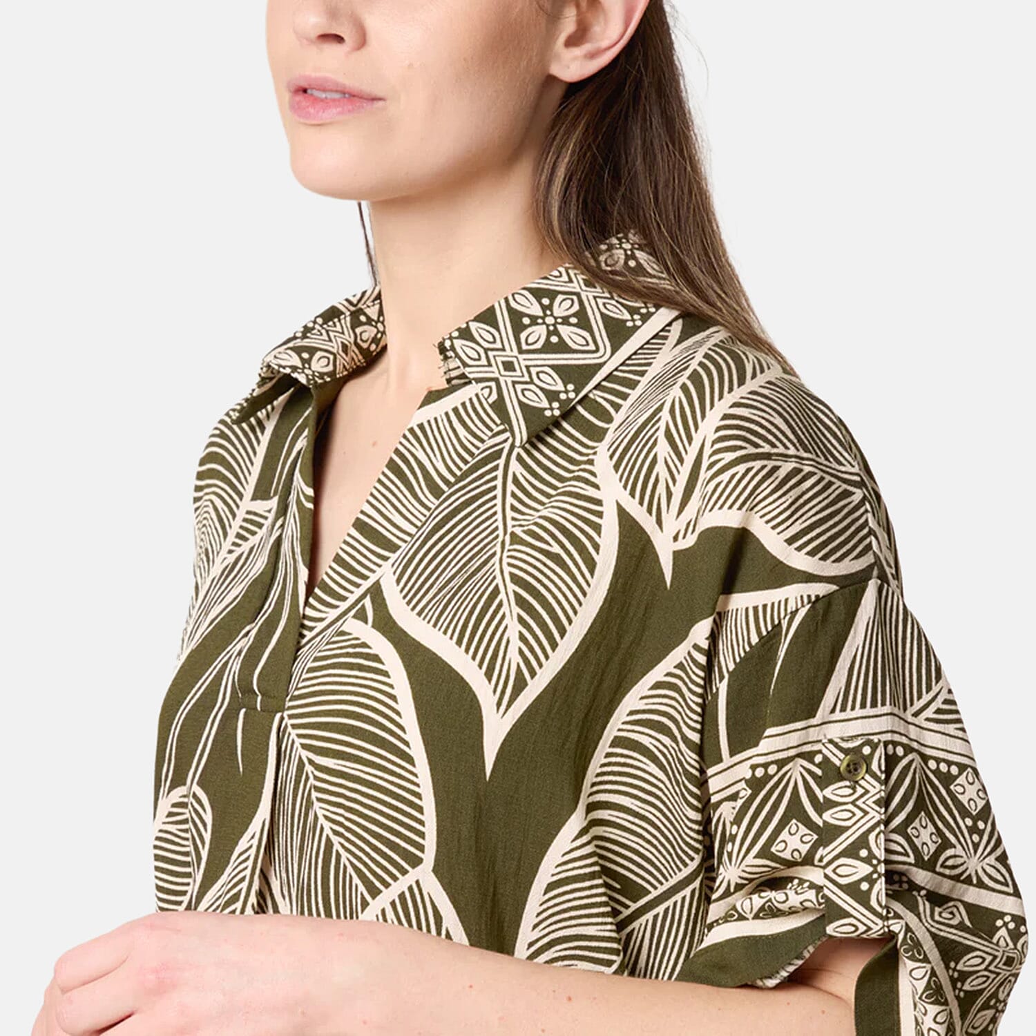 Chilli Charm Leaf Print Short Sleeve Shirt Dress (One Size) - Green