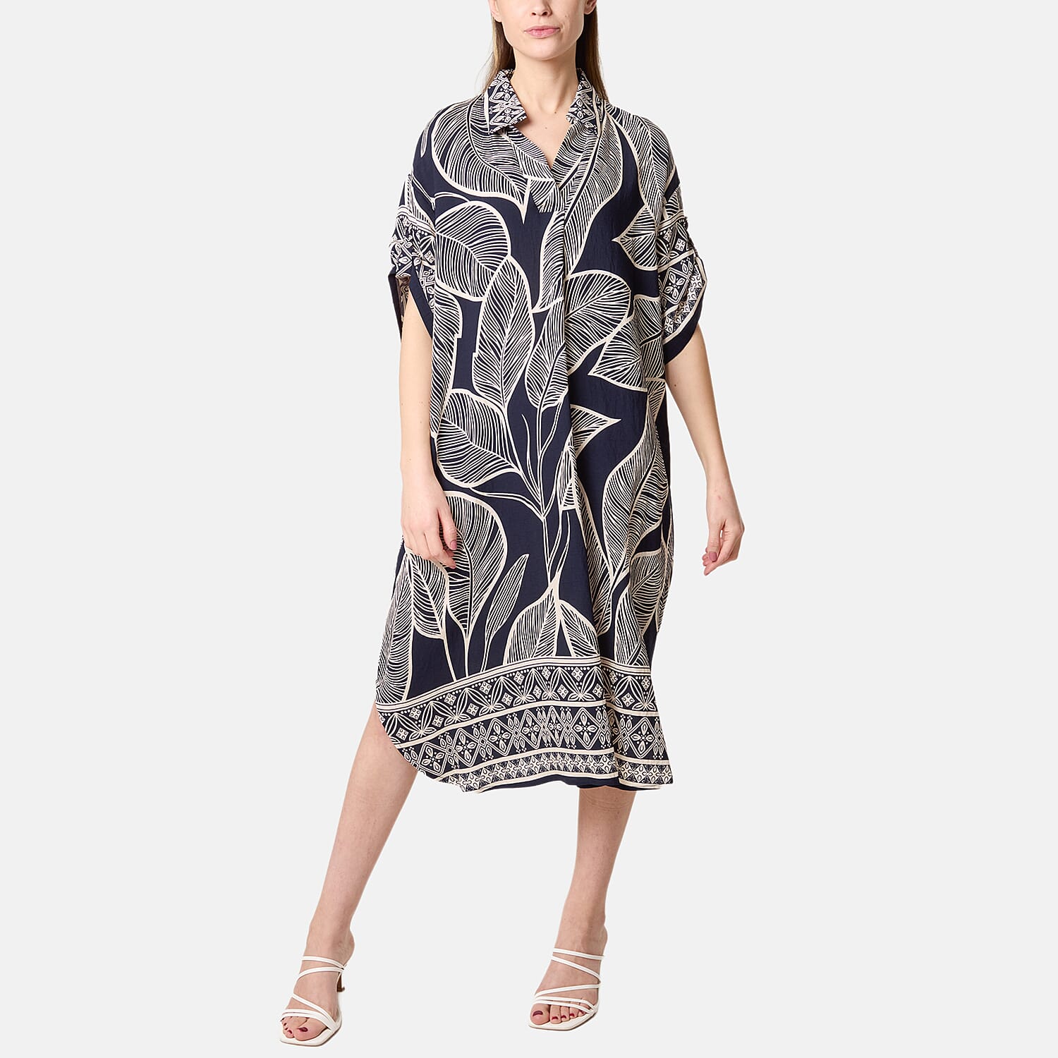 Chilli Charm Leaf Print Short Sleeve Shirt Dress (One Size) - Navy