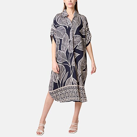 Chilli Charm Leaf Print Short Sleeve Shirt Dress (One Size) - Navy