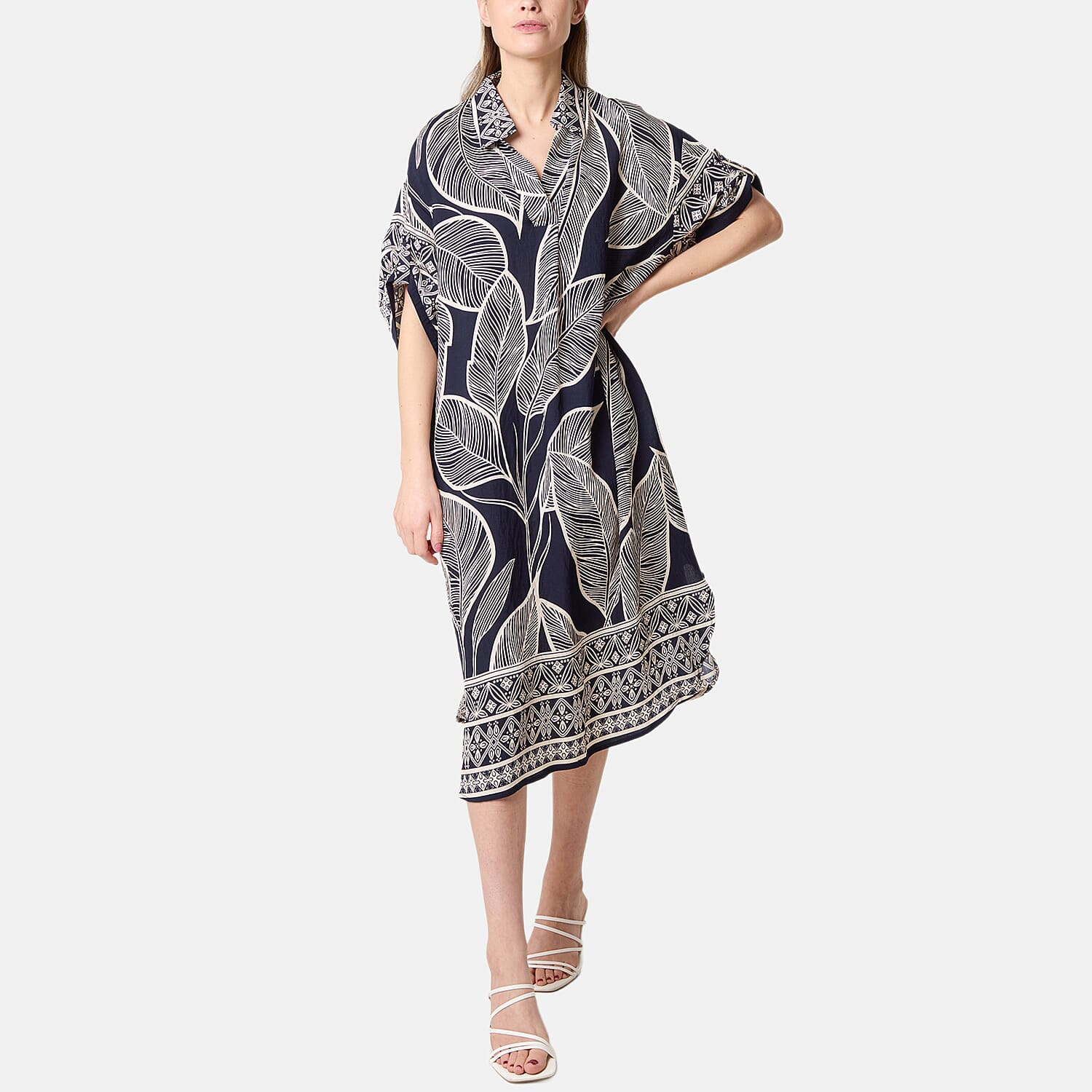 Chilli Charm Leaf Print Short Sleeve Shirt Dress (One Size) - Navy