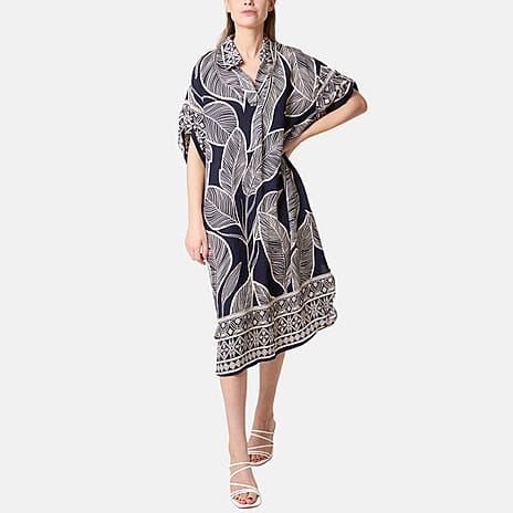 Chilli Charm Leaf Print Short Sleeve Shirt Dress (One Size) - Navy