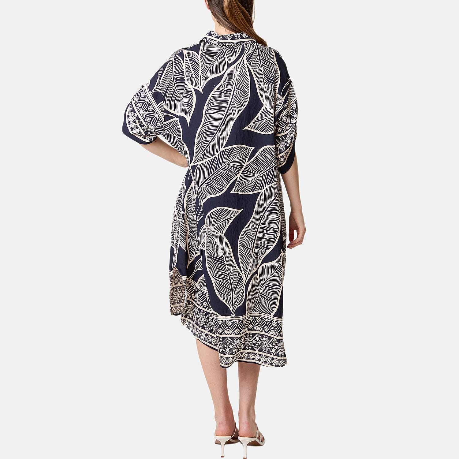 Chilli Charm Leaf Print Short Sleeve Shirt Dress (One Size) - Navy