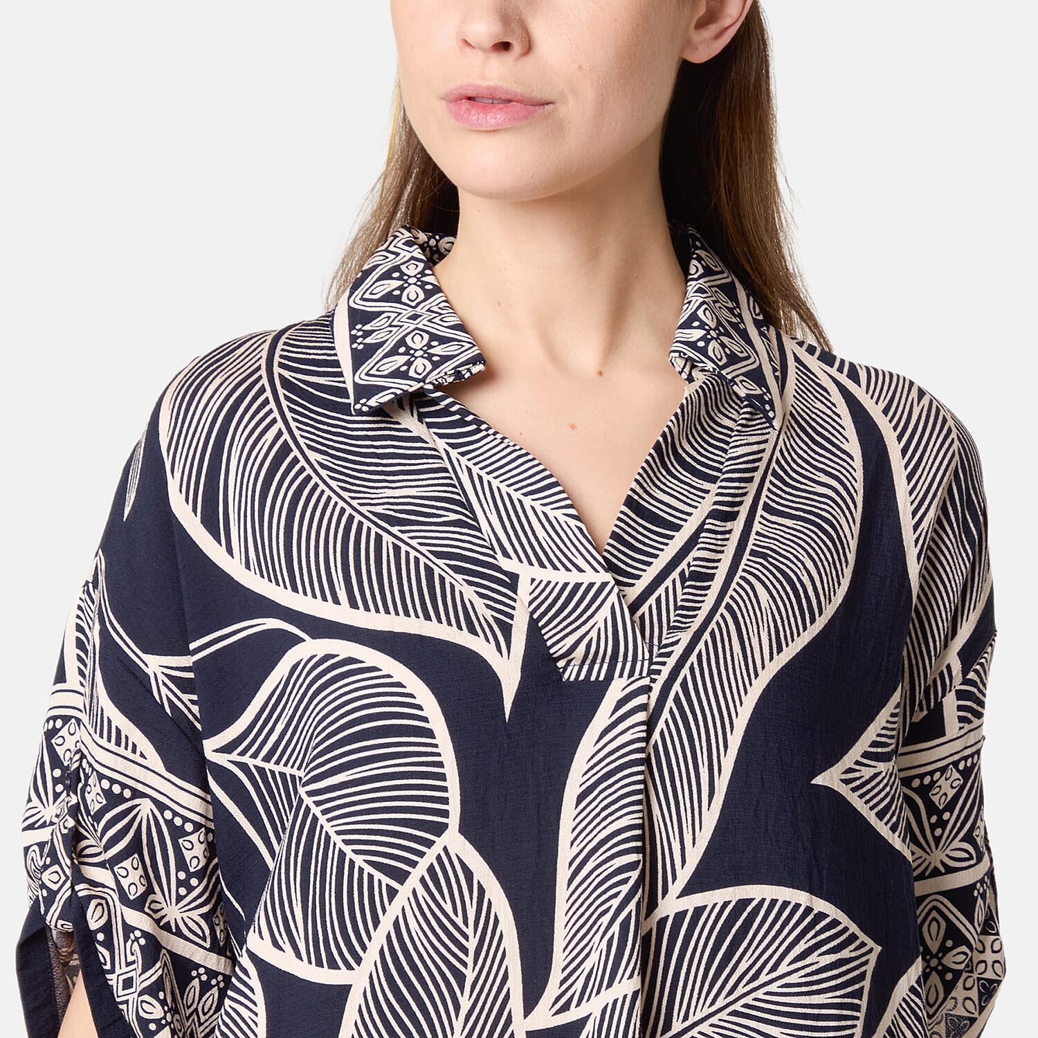 Chilli Charm Leaf Print Short Sleeve Shirt Dress (One Size) - Navy