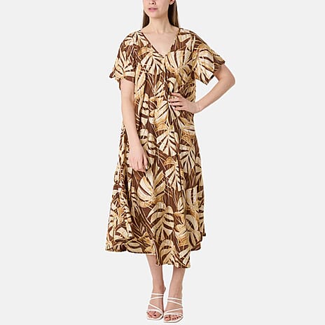 Chilli Charm Topical Print Flared Dress (One Size, 10-22) - Chocolate