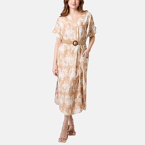 QED London Abstract Floral Print  Dress (One Size) - Beige