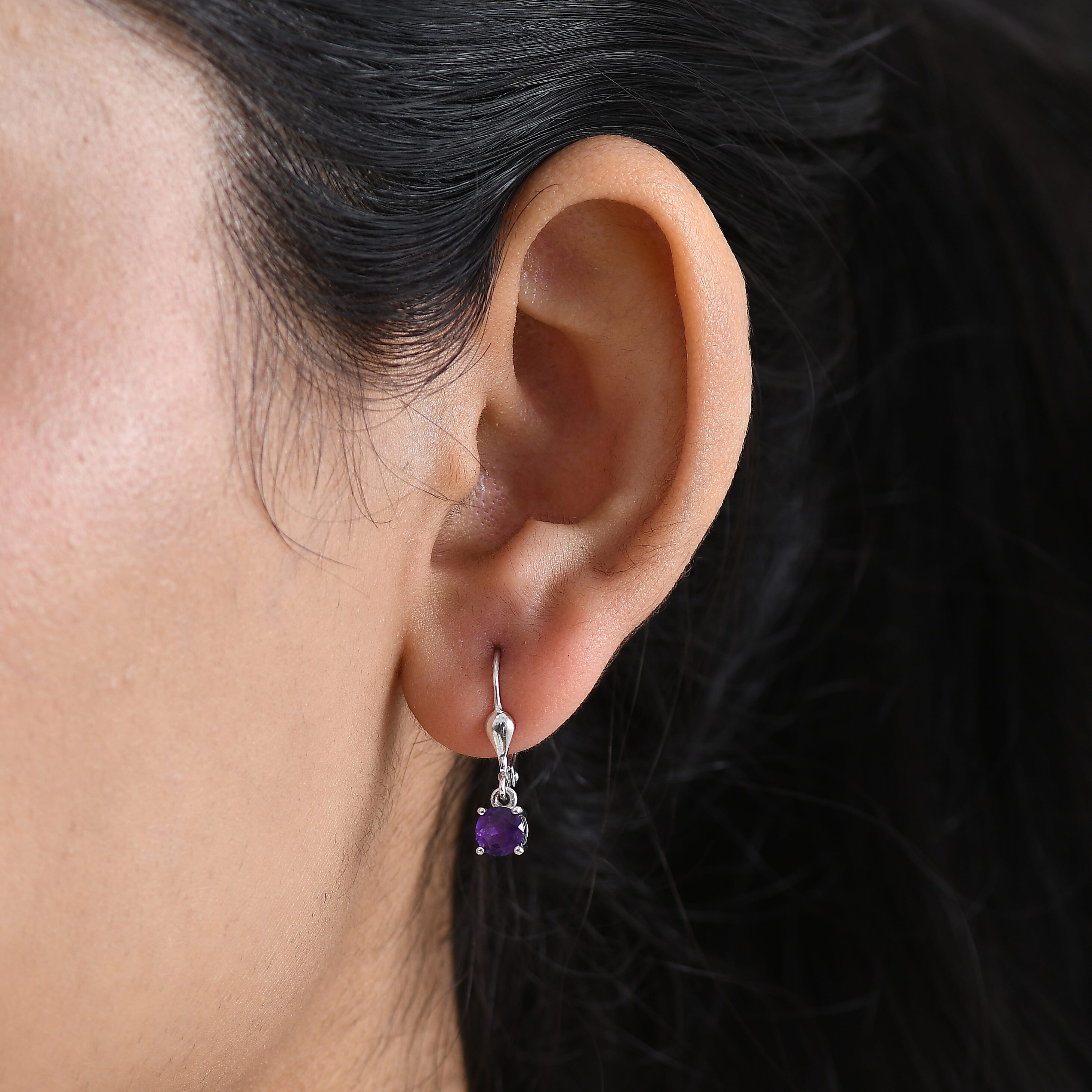 Royal Bali Collection - D'Joy African Amethyst Solitaire Stud Earring with Lever Back in Rhodium Overlay Sterling Silver 1.00 Ct.
