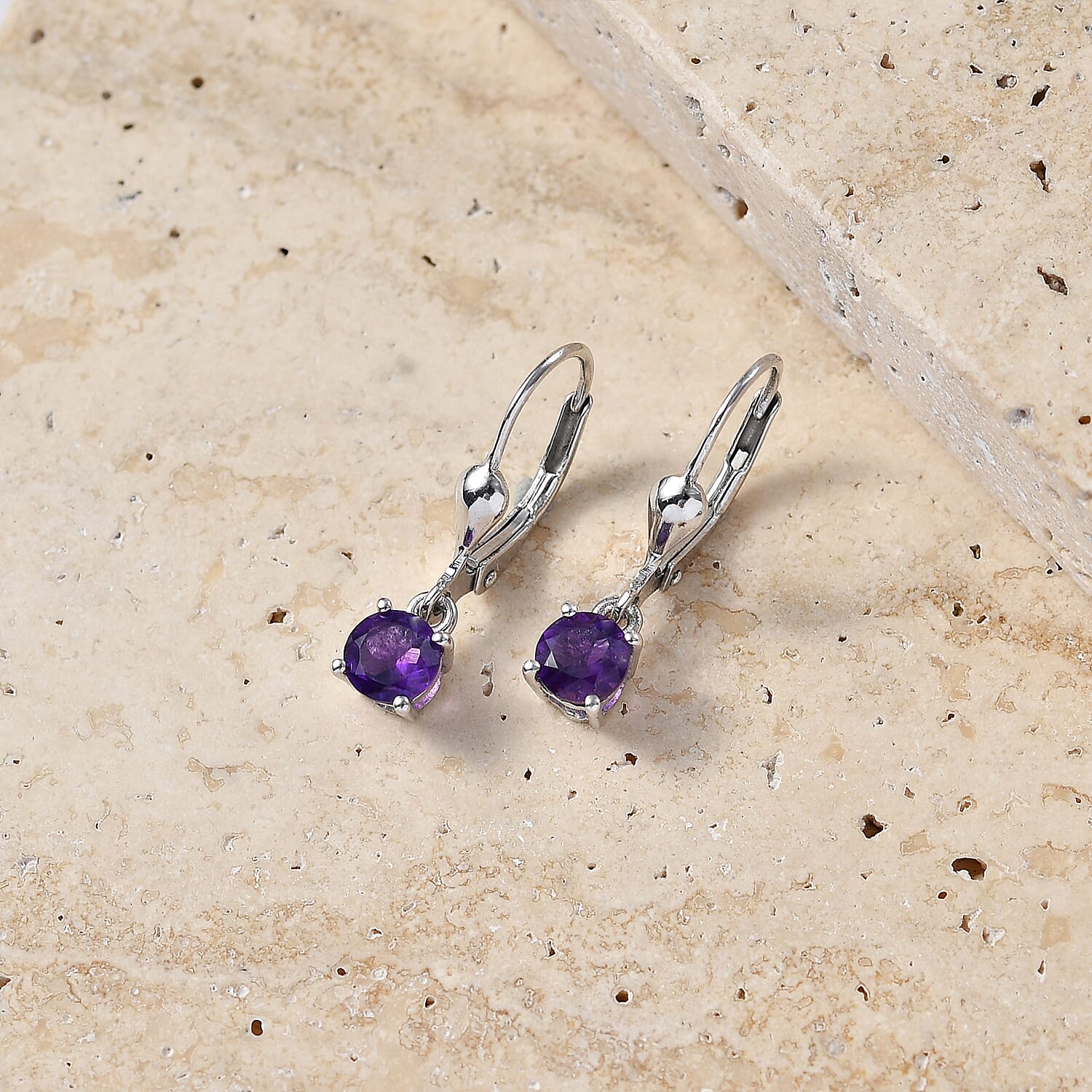 Royal Bali Collection - D'Joy African Amethyst Solitaire Stud Earring with Lever Back in Rhodium Overlay Sterling Silver 1.00 Ct.