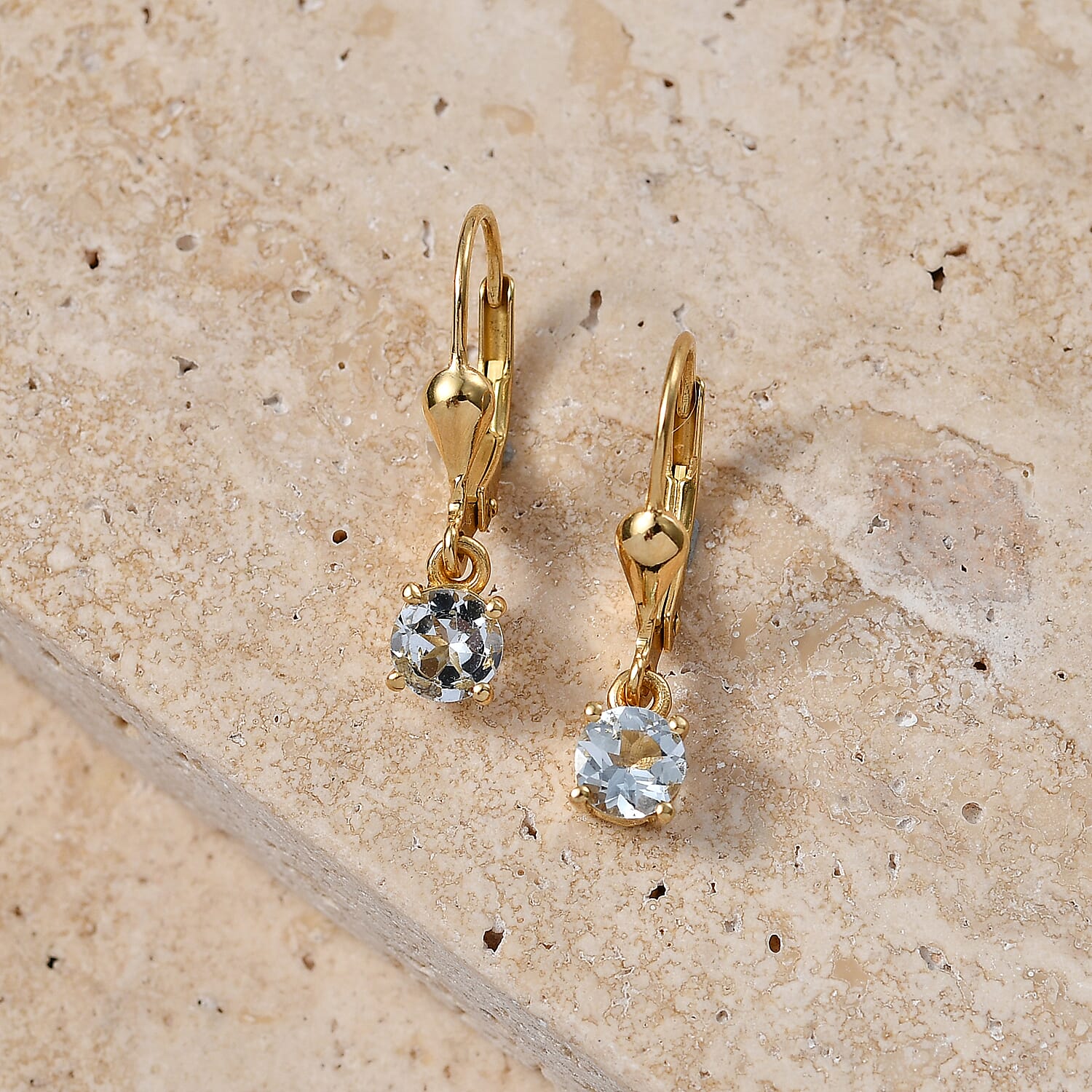Royal Bali Collection - D'Joy Aquamarine Solitaire Stud Earring with Lever Back in 18K Vermeil Yellow Gold Plated Sterling Silver 1.00 Ct.