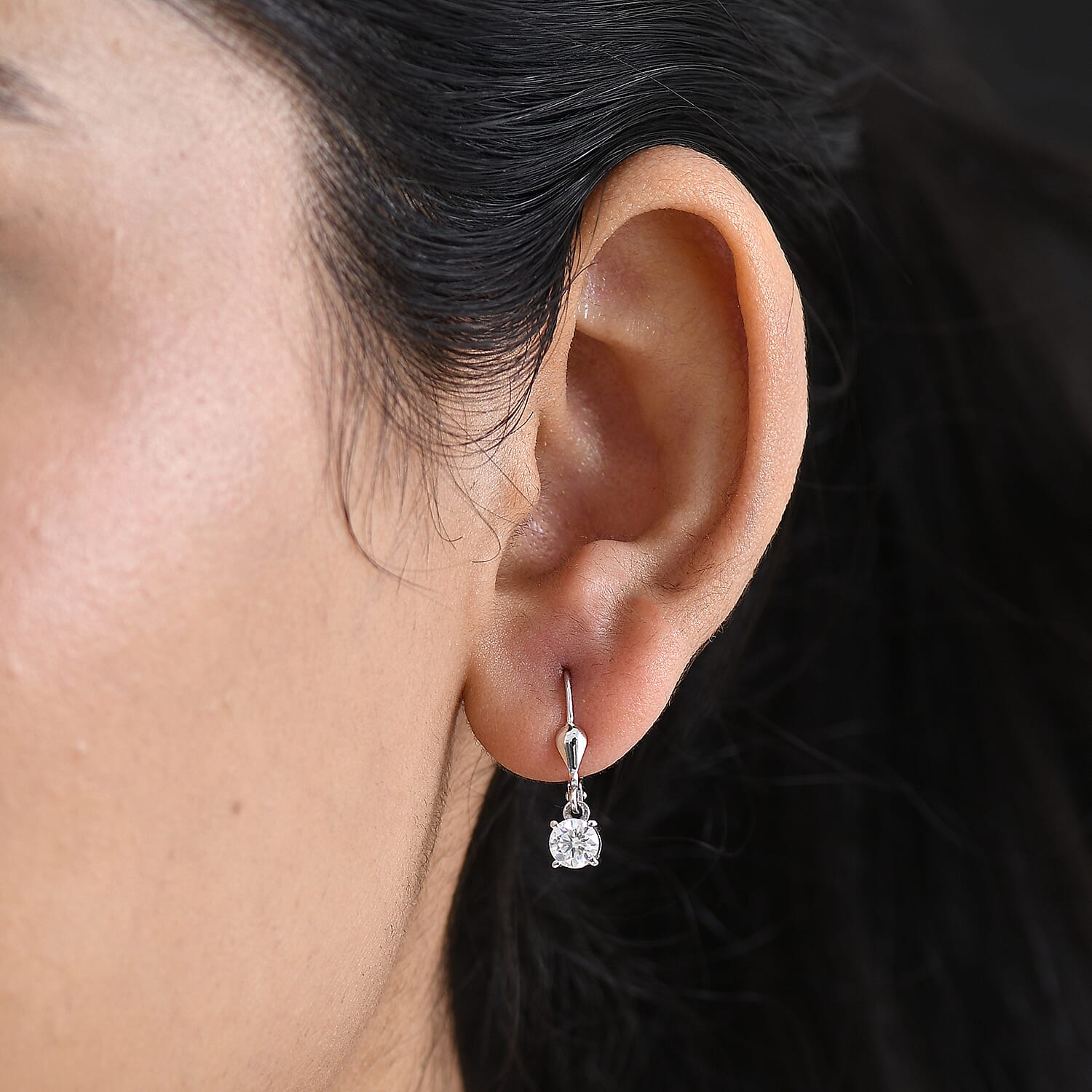 Royal Bali Collection - D'Joy Moissanite Solitaire Stud Earring with Lever Back in Rhodium Overlay Sterling Silver