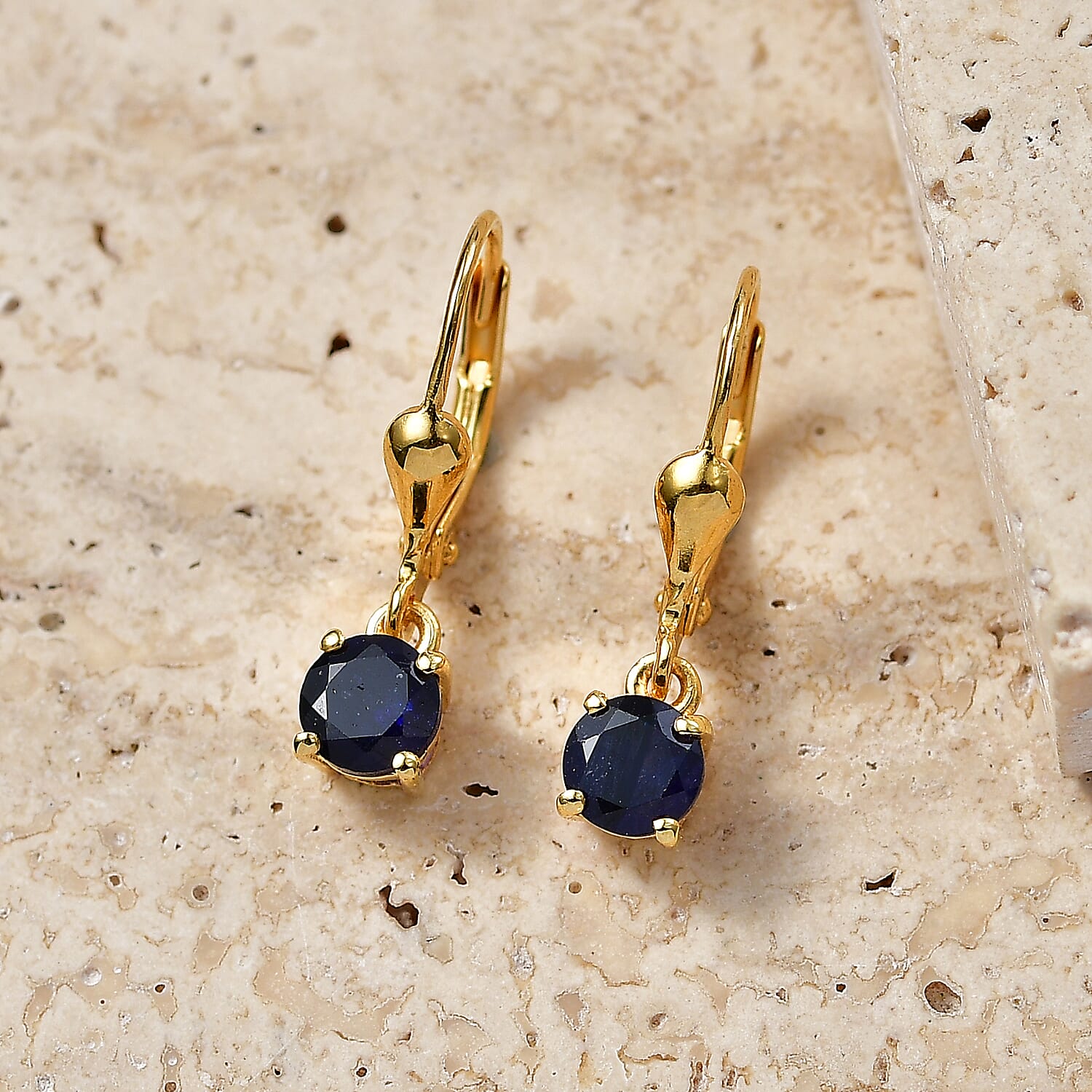 Royal Bali Collection - D'Joy Masoala Sapphire Solitaire Stud Earring with Lever Back in 18K Vermeil Yellow Gold Plated Sterling Silver  2.00 Ct.