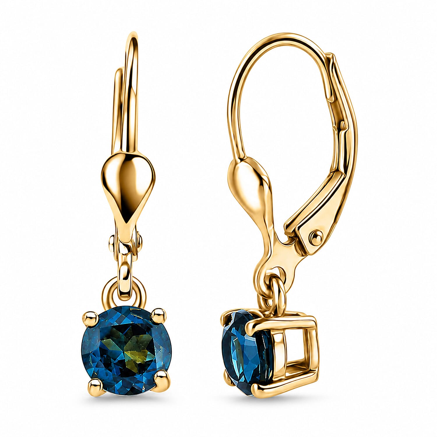Royal Bali Collection - D'Joy London Blue Topaz Solitaire Stud Earring with Lever Back in 18K Vermeil Yellow Gold Plated Sterling Silver 1.18 Ct.