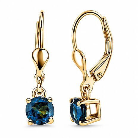 Royal Bali Collection - D'Joy London Blue Topaz Solitaire Stud Earring with Lever Back in 18K Vermeil Yellow Gold Plated Sterling Silver 1.18 Ct.