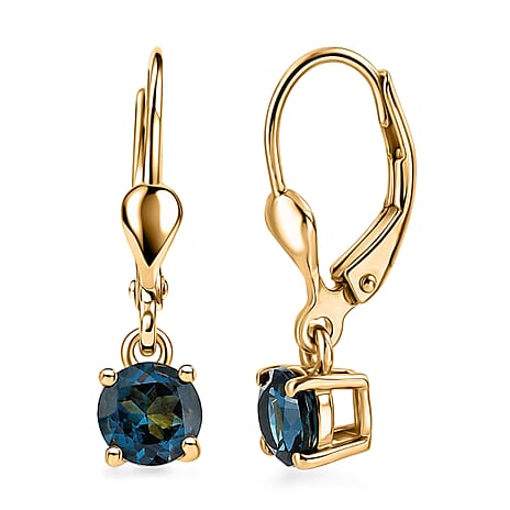 Royal Bali Collection - D'Joy London Blue Topaz Solitaire Stud Earring with Lever Back in 18K Vermeil Yellow Gold Plated Sterling Silver 1.18 Ct.